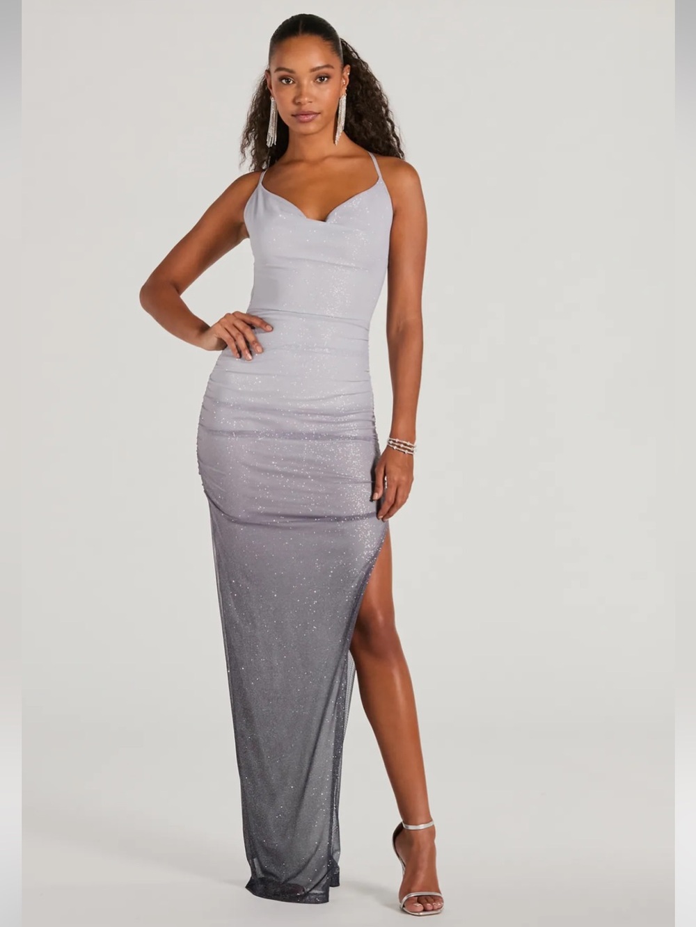 Windsor Silver Ombre Sparkle Maxi Dress with Side Slit